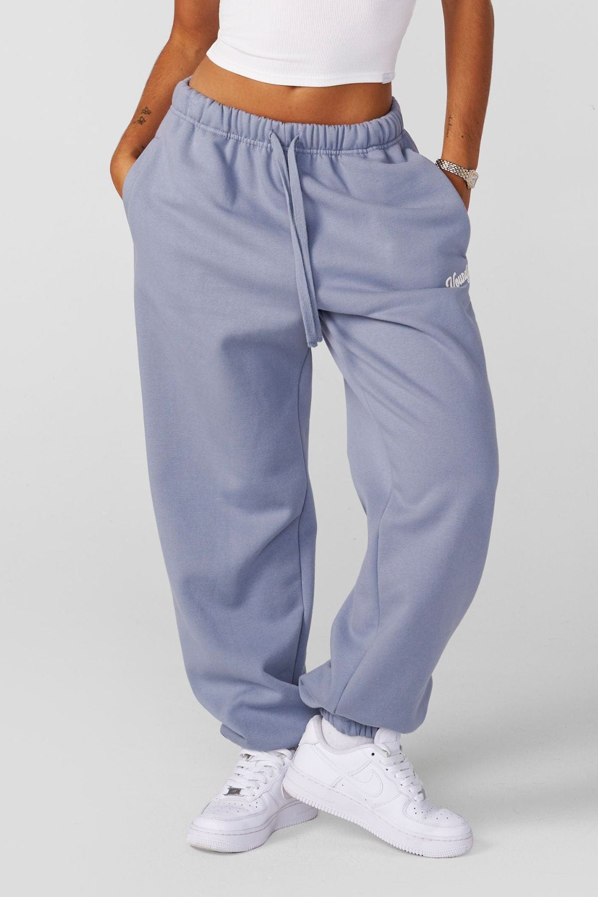 Close-up of the fluffy fleece material of the oversized joggers.