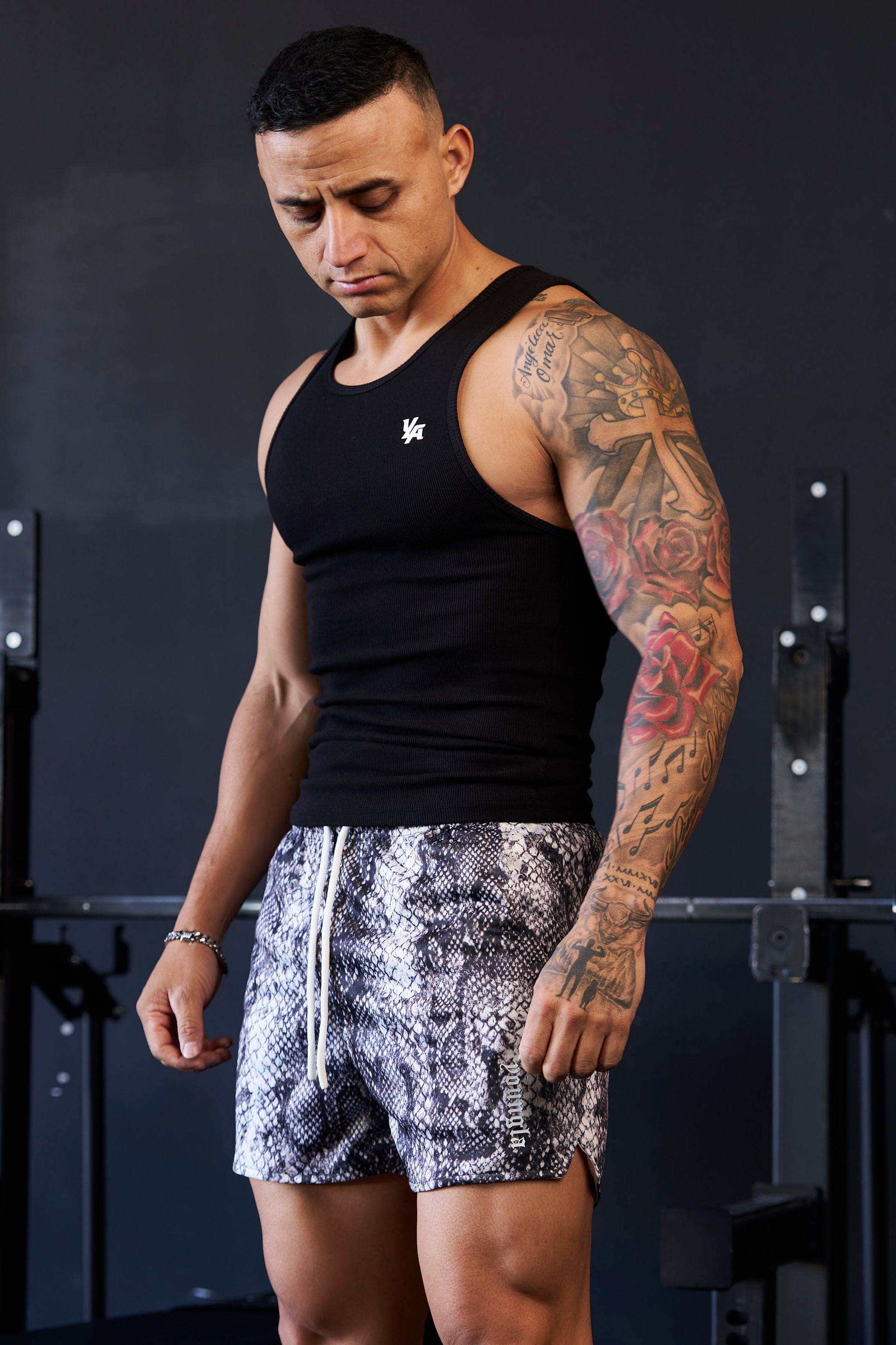 Model wearing reversible animal print shorts, demonstrating their comfortable fit.