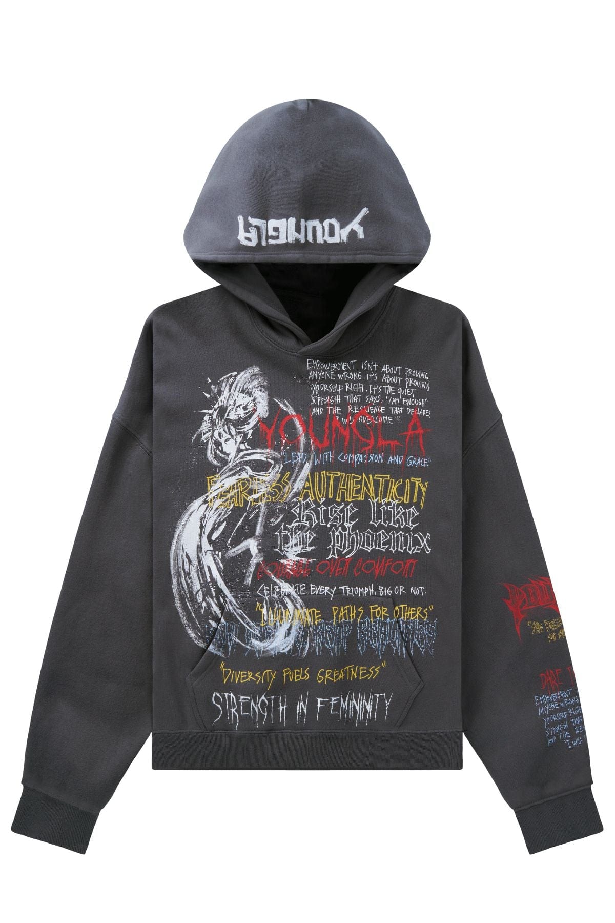 Front view of oversized zip up hoodie worn with jeans on a crisp fall day