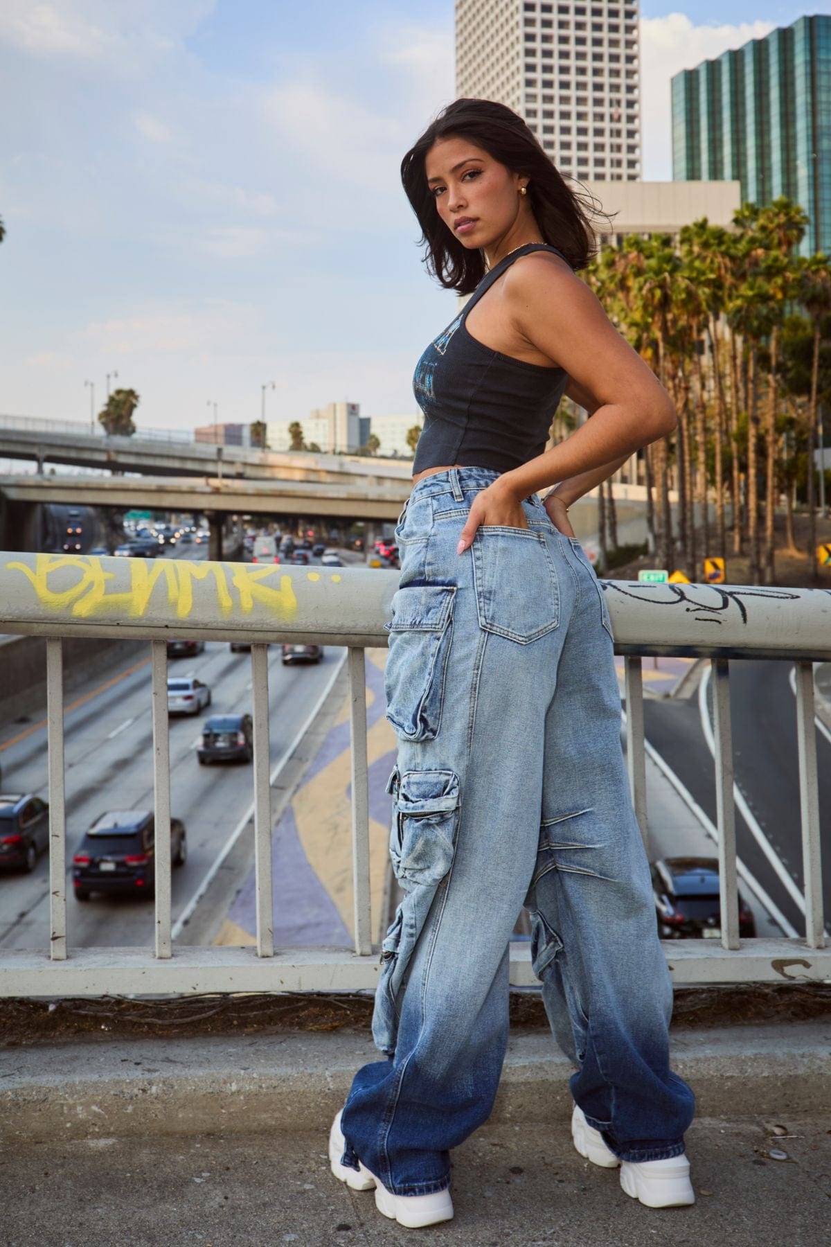 Side view of cargo trouser jeans, highlighting multiple pockets.