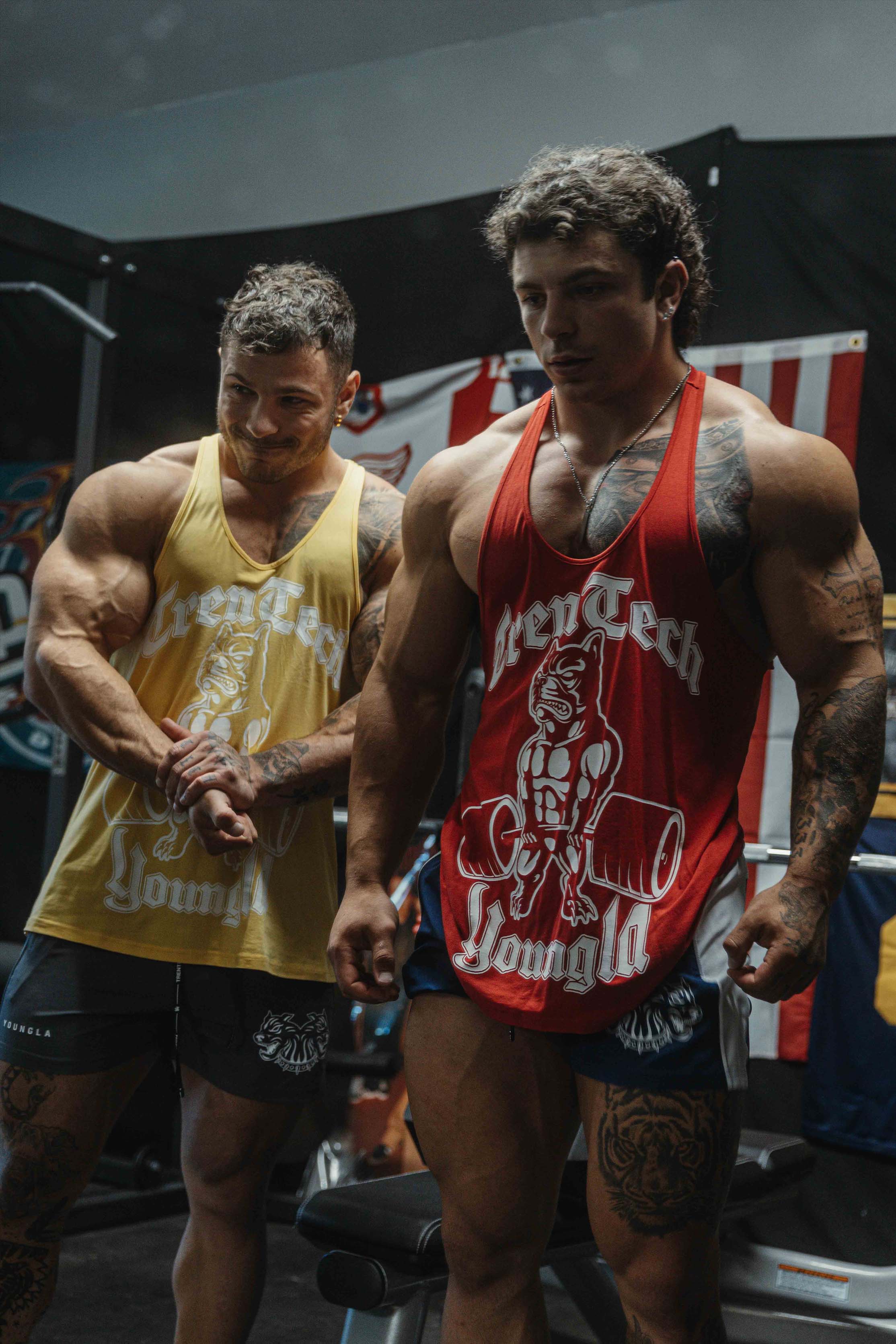Side view of the fitness stringer highlighting deltoids and chest