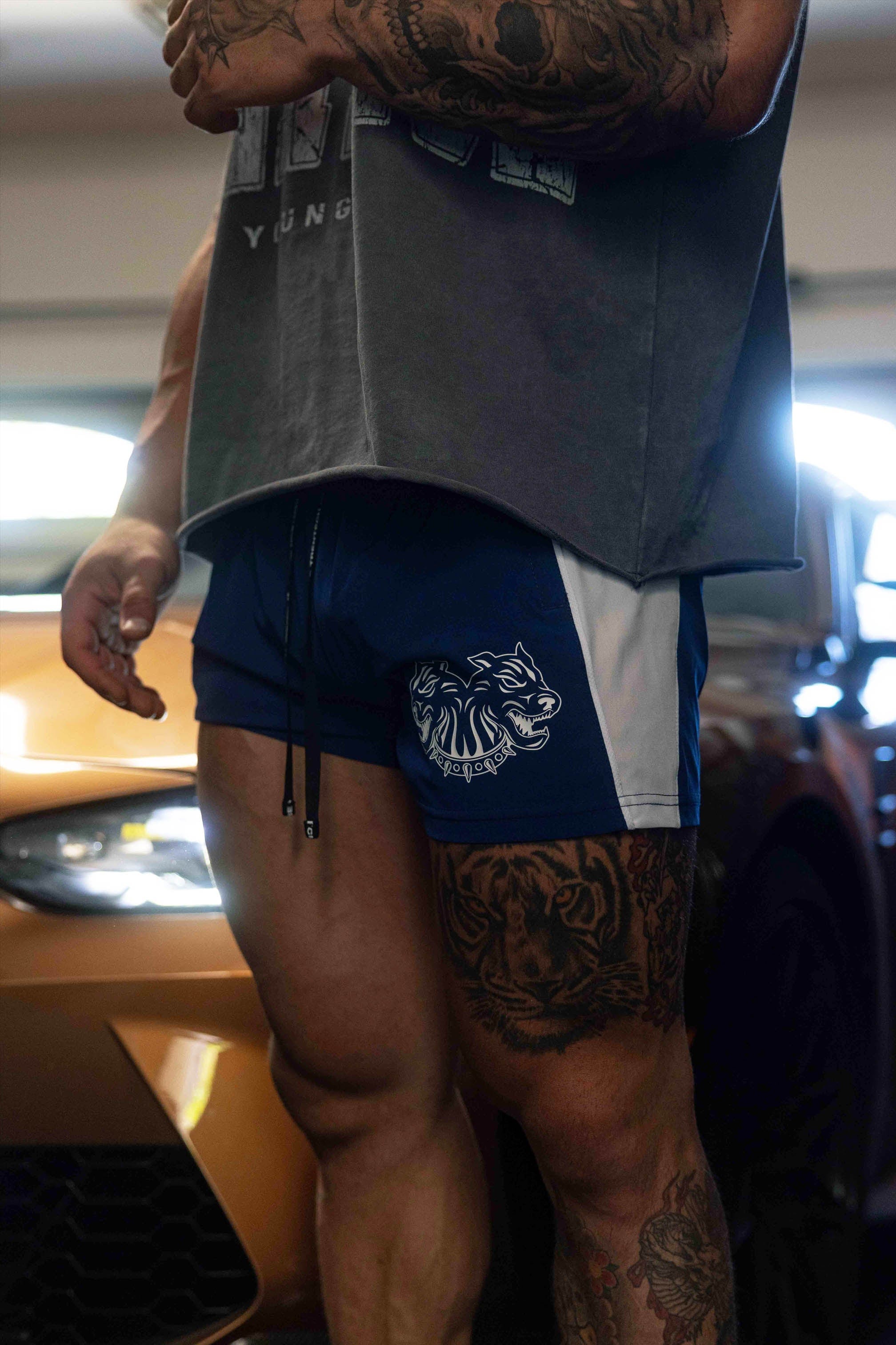 Close-up of breathable mesh panel on womens gym shorts
