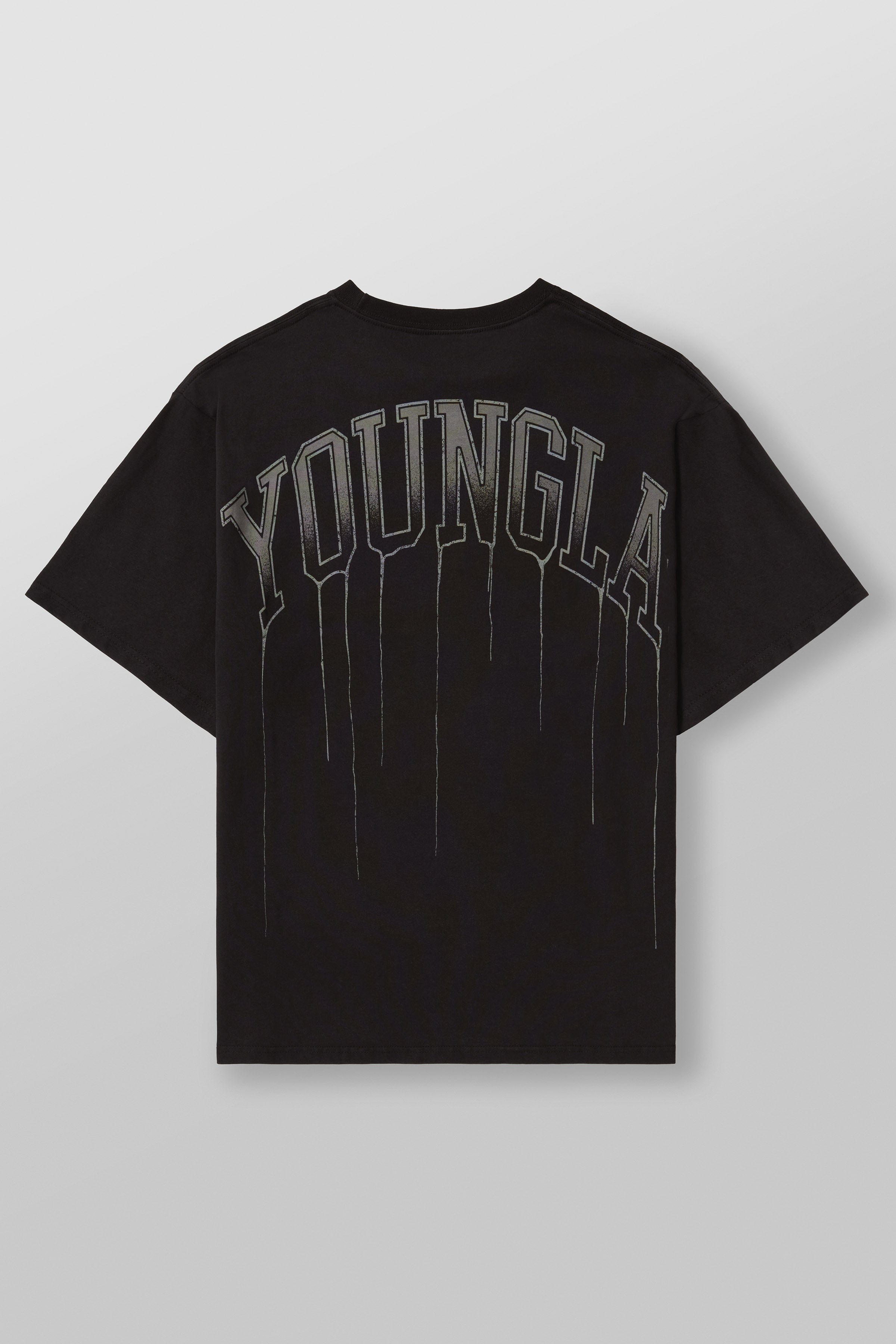Front view of unisex oversized cropped tee on hanger, showing drape