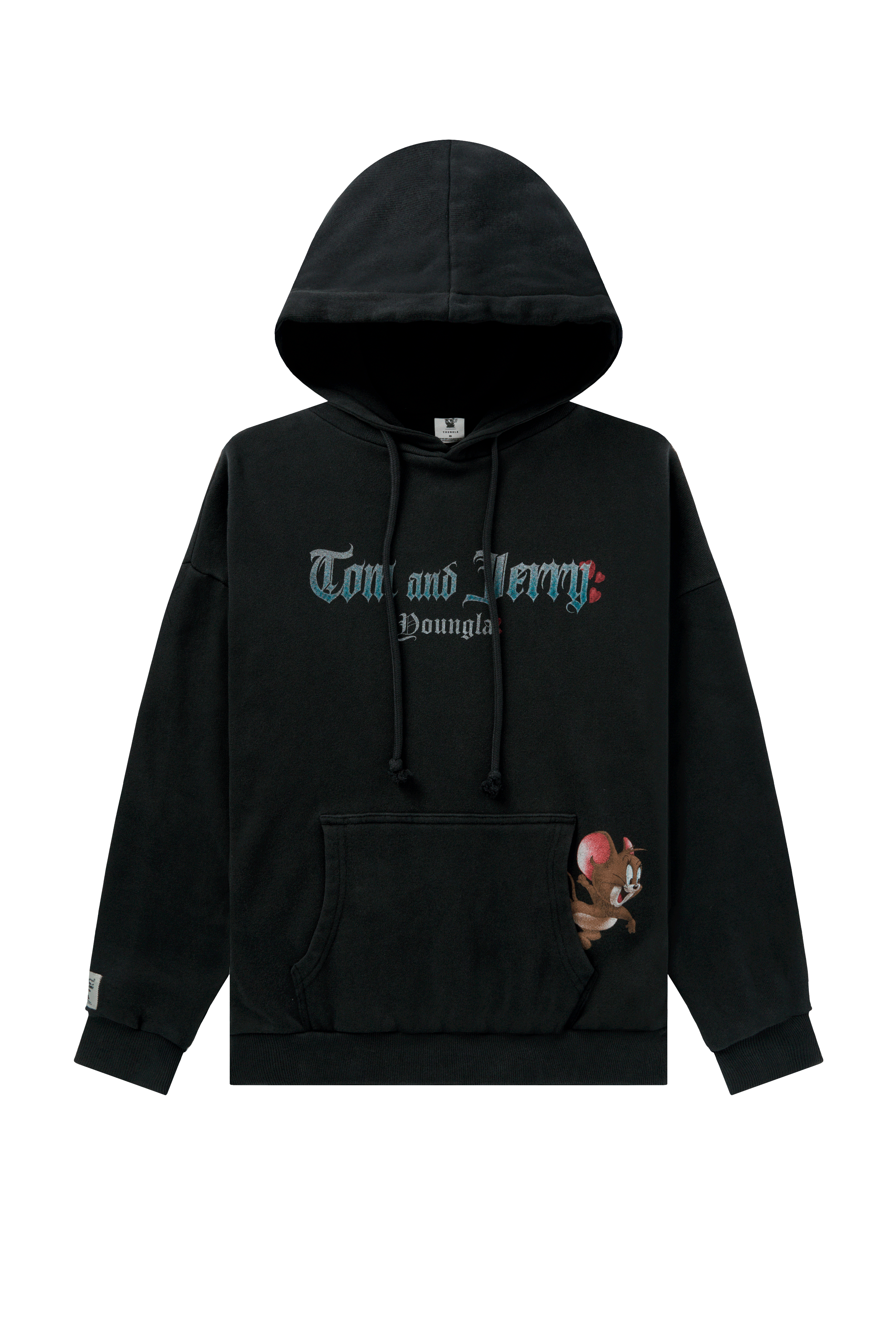 Model wearing an oversized zip-up hoodie with playful Tom & Jerry design, relaxed fit