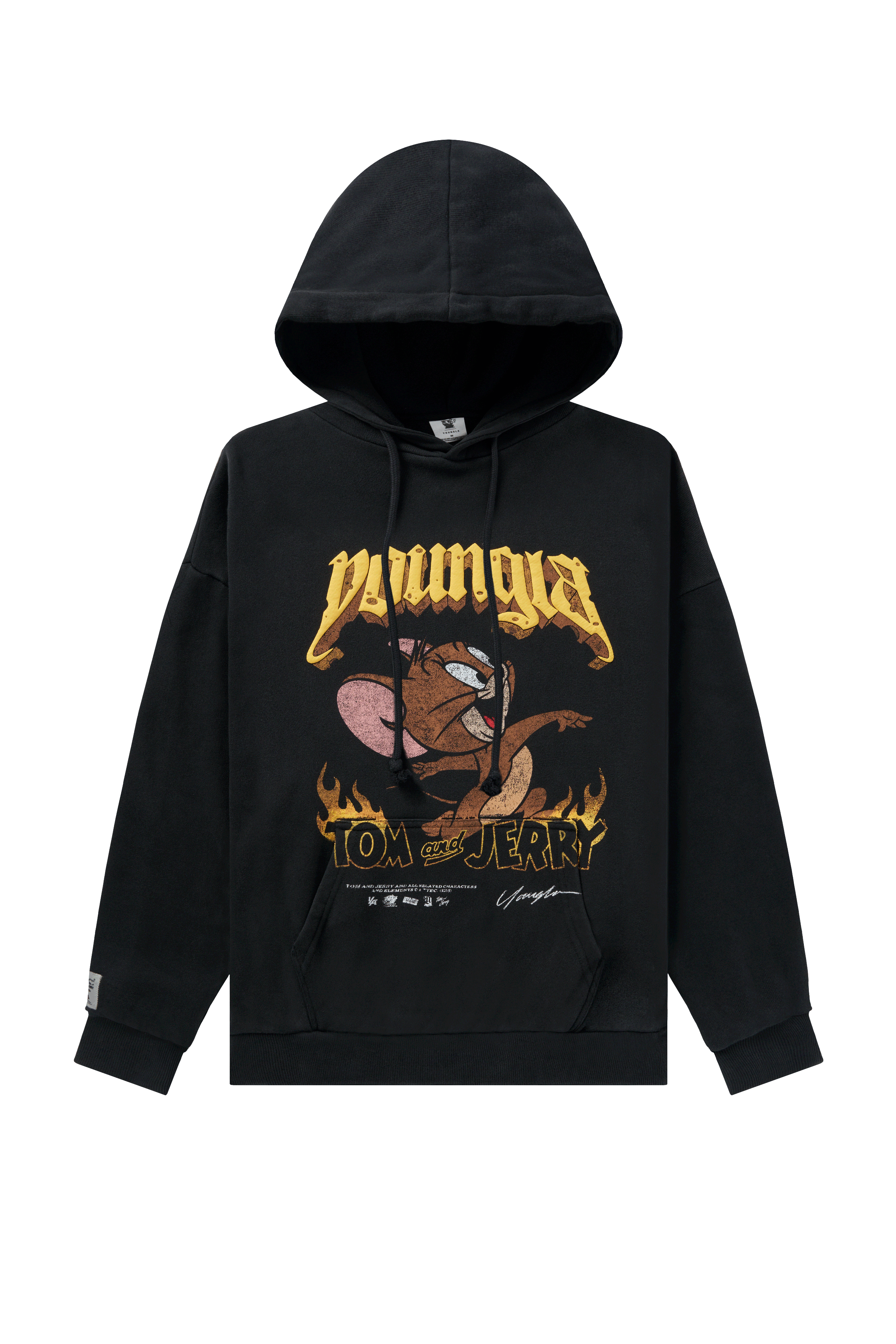 Close-up of a black graphic hoodie featuring Tom & Jerry cartoon print, casual style