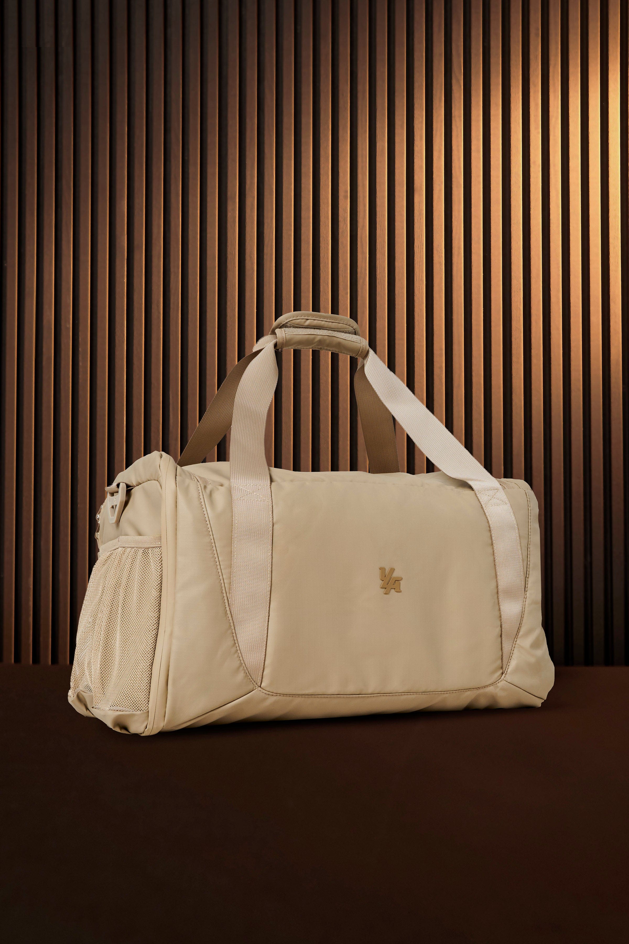 Top-down view of gym bag showing roomy interior and flap pocket—ideal for travel bags for women.