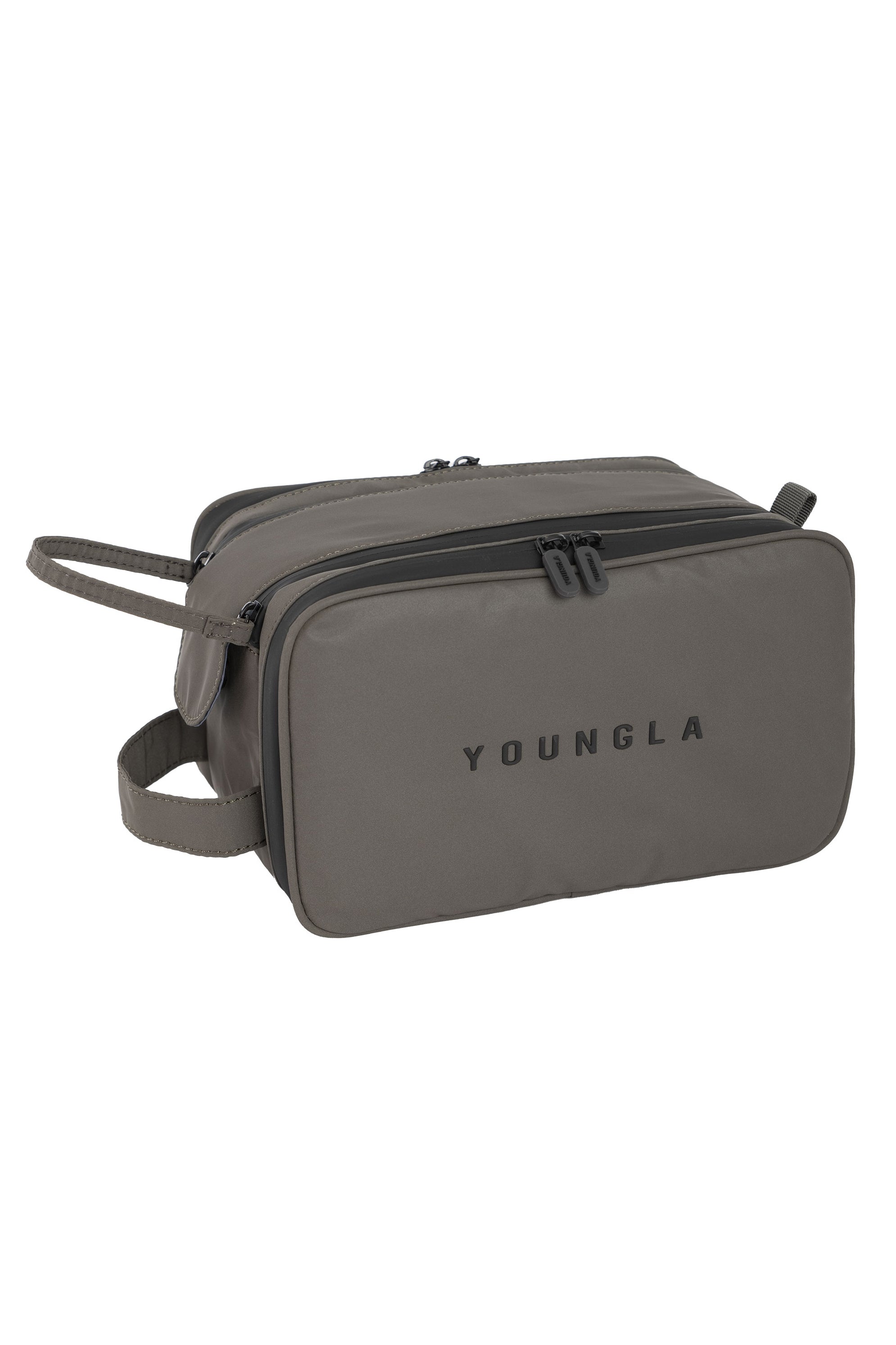 Top-down view of mens travel toiletry bag open with visible compartments and grooming essentials.