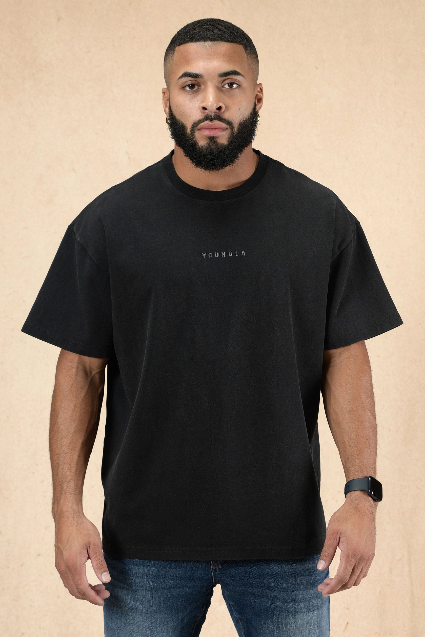 Back view highlighting the YoungLA logo on the oversized tee.