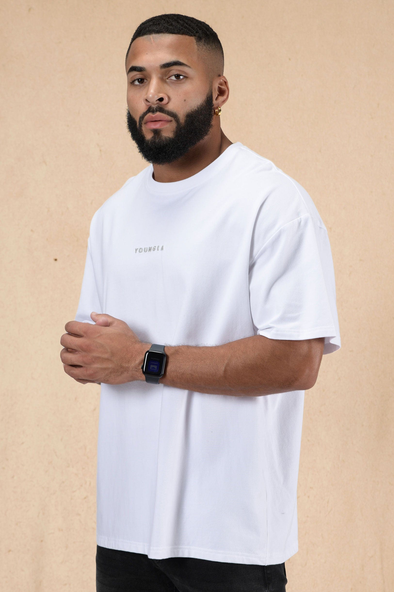 Back view highlighting the YoungLA logo on the oversized tee.
