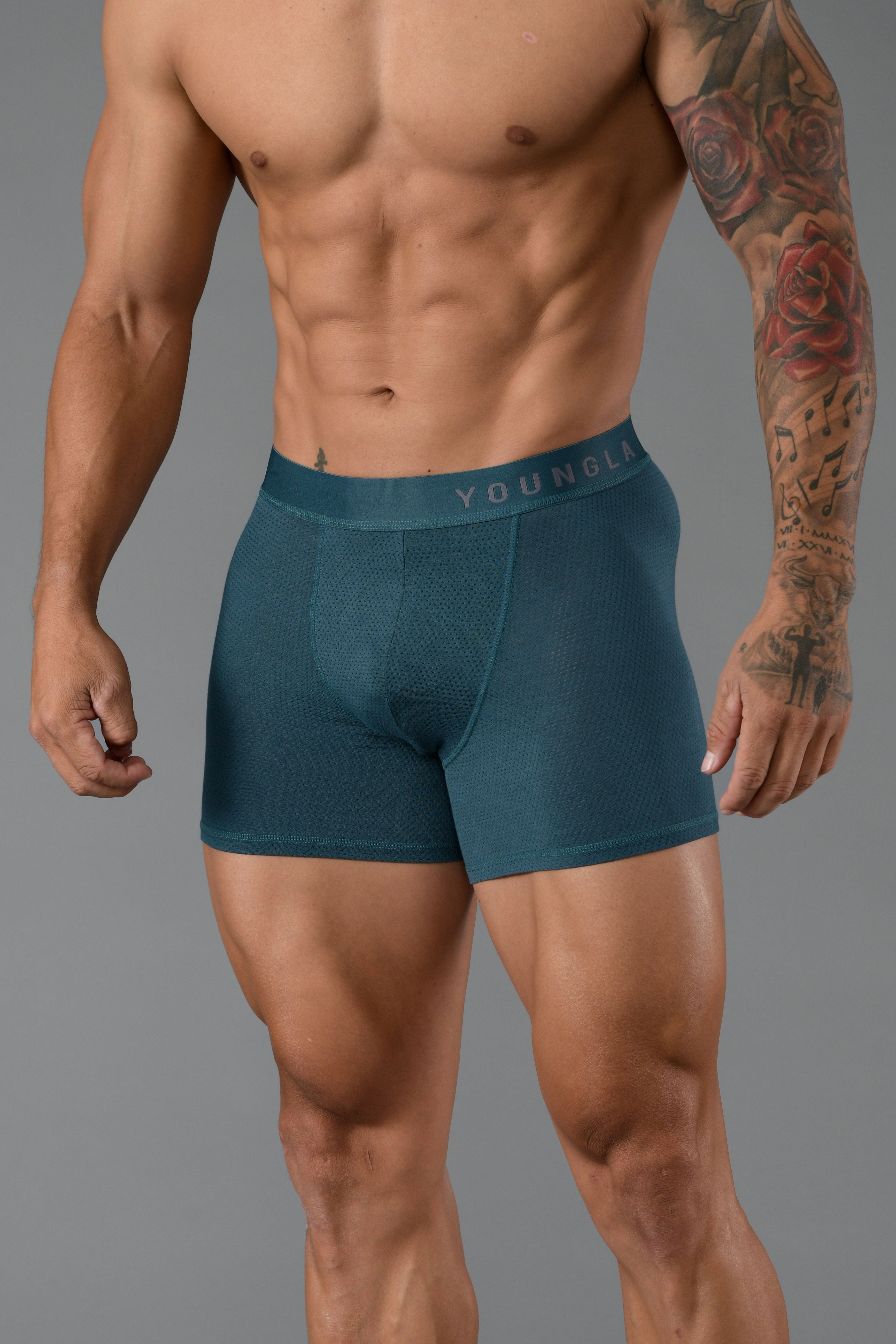 Goat Mesh Briefs folded in 3 colors (Black, Grey, Teal) on a neutral background