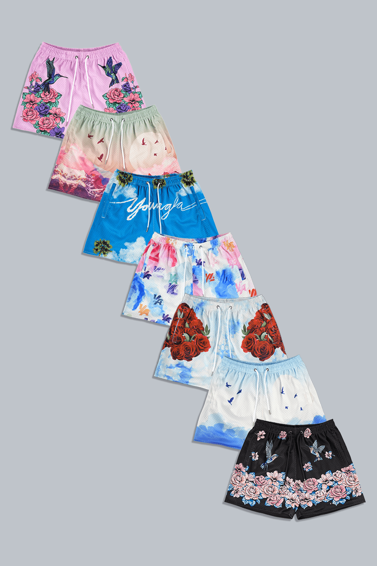 YoungLA Block Party Gym Shorts displayed in a vibrant print, perfect for activewear enthusiasts.